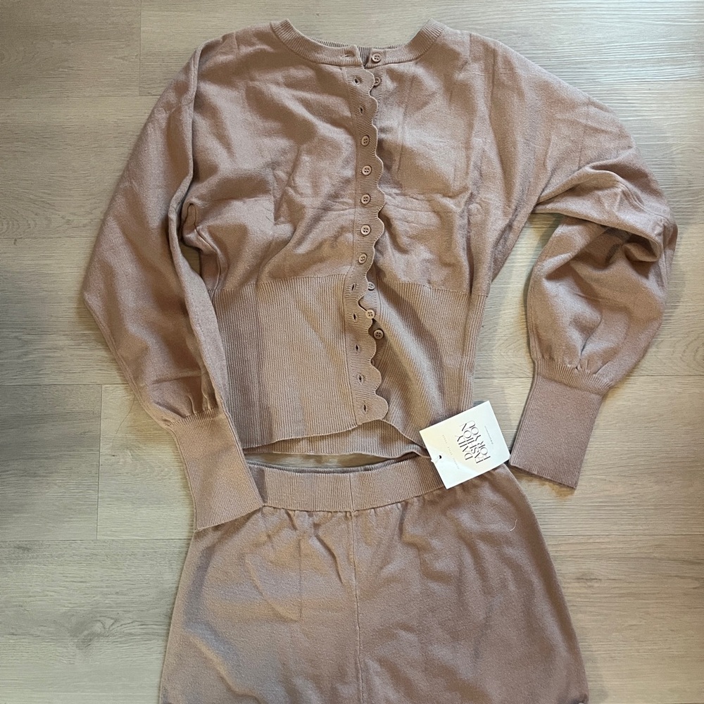 Tan Button-Up Cardigan and Shorts Set
